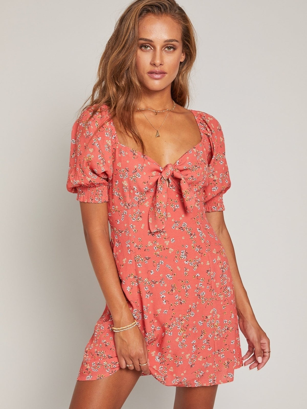 Lost + Wander Coral Floral Tie-Front Mini Dress